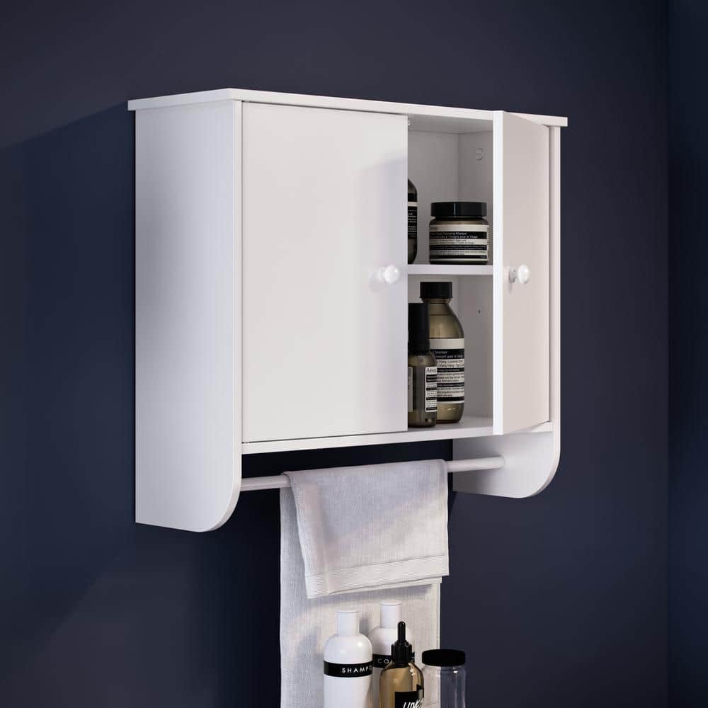 White Two-Door Wall Mounted Medicine Cabinet with Towel Bar