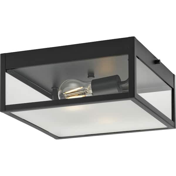Progress Lighting Parrish 2-Light Matte Black Clear and Etched Glass Modern Craftsman Outdoor Flush Mount