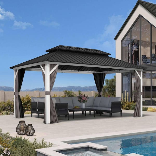 10 ft. x 16 ft. White Aluminum Hardtop Gazebo Canopy with Galvanized Steel Double Roof, Curtains and Netting