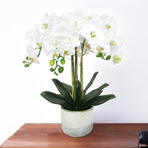 LIVING LUXURY 25 in. 3-Stem White Artificial Phalaenopsis Orchid Flower Arrangement in Half Glazed Ceramic Pot