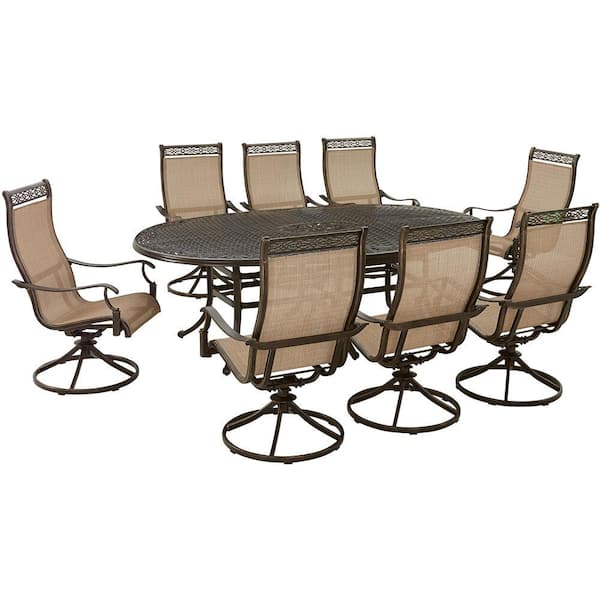 Hanover Manor 9-Piece Aluminum Outdoor Dining Set, 8 Swivel Rocker Chairs and 95 in. x 60 in. Oval Table, Bronze, All-Weather
