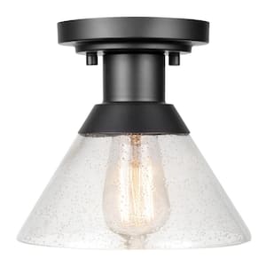1-Light Matte Black Outdoor Indoor Semi-Flush Mount with Clear Seeded Glass Shade, Vintage Incandescent Bulb Included
