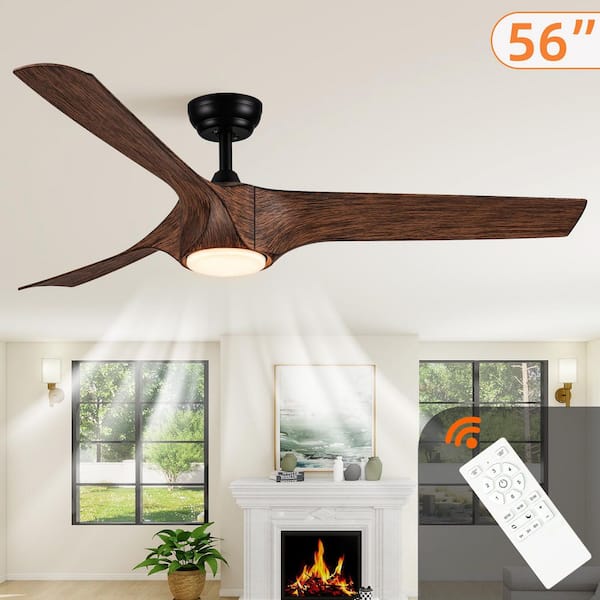 56 in. Ceiling Fan with Integrated LED Light and Brown Wood Grain ABS Blades Included with Remote, Downrod Mount