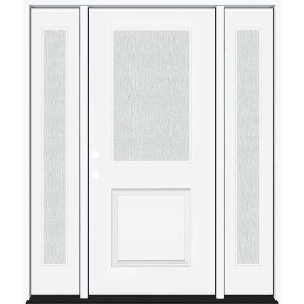 Steves & Sons Legacy 68 in. x 80 in. 1/2 Lite Rain Glass LHIS White Primed Fiberglass Prehung Front Door w/Dbl 14 in. SL