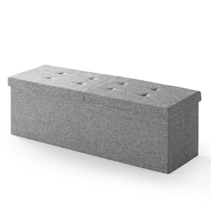 45 Inch Smart Lift Top Button Tufted Fabric Collapsible Storage Ottoman, Light Grey
