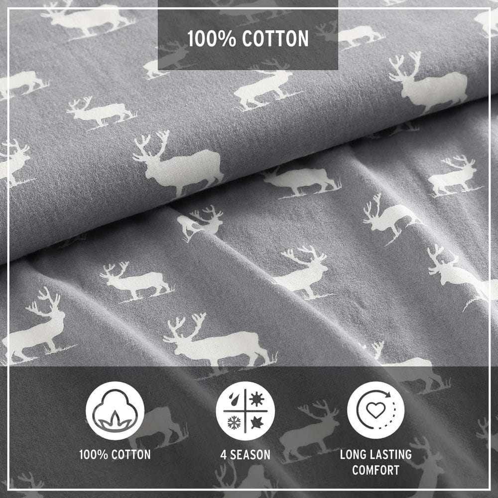 Gray Elk Grove Cotton Flannel Full Sheet Set with Deer Pattern