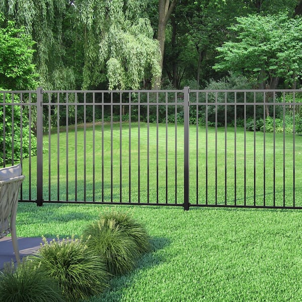 4.5 ft. x 6 ft. Textured Black Aluminum Flat Top Spaced Picket Metal Fence Panel Kit