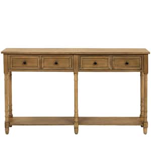 58 in. Old Pine Rectangle Wood Console Table with Two Storage Drawers and Bottom Shelf