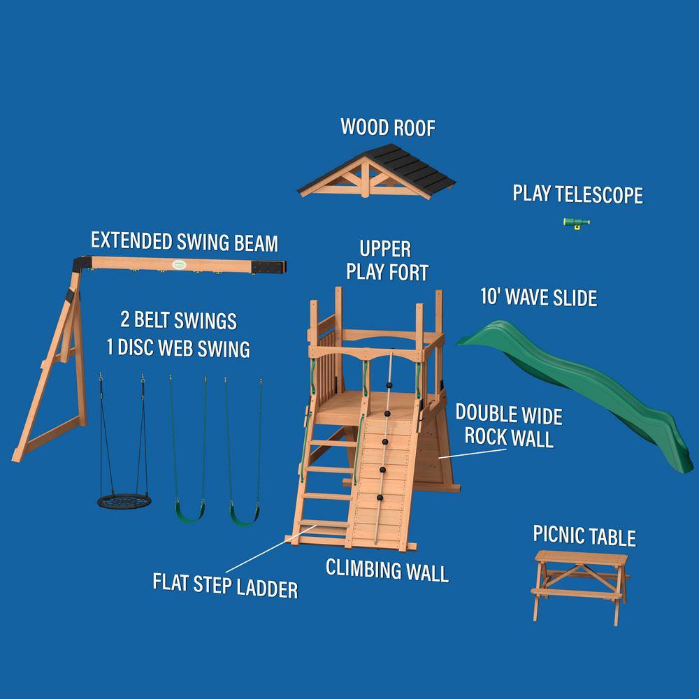 Endeavor II Cedar Swing Set with Slide and Climbing Wall
