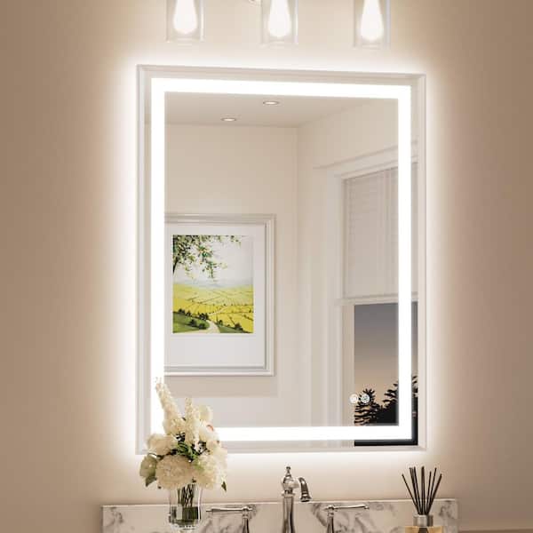 28 in. W x 36 in. H Framed LED Lighted Bathroom Vanity Mirror with Light in Brushed Nickel with Backlit and Anti-Fog