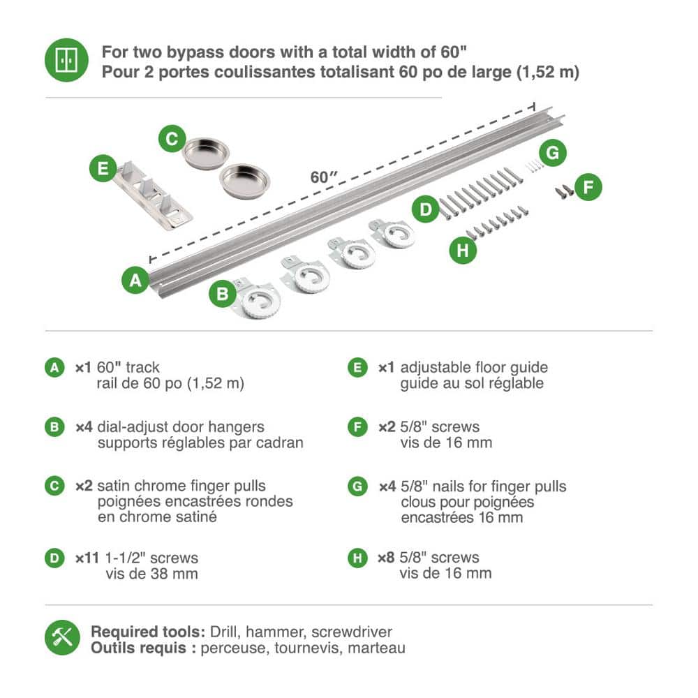 60-Inch Brass and Zinc Bypass Door Hardware Kit