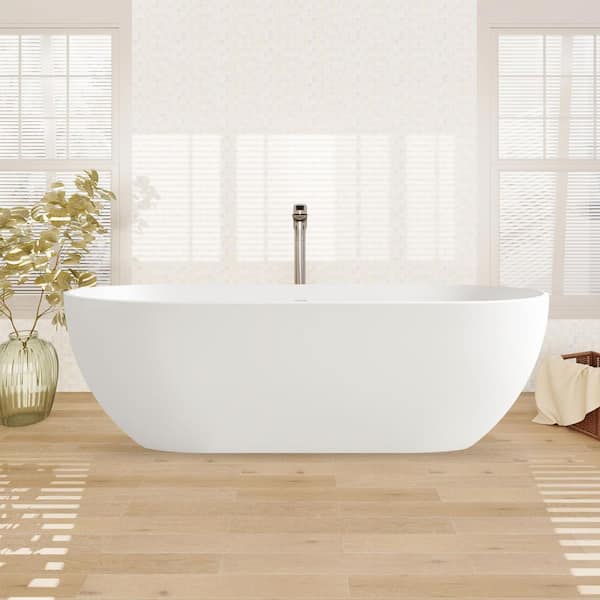 68.9 in. x 30 in. Solid Surface Flatbottom Soaking Bathtub with Center Drain in White