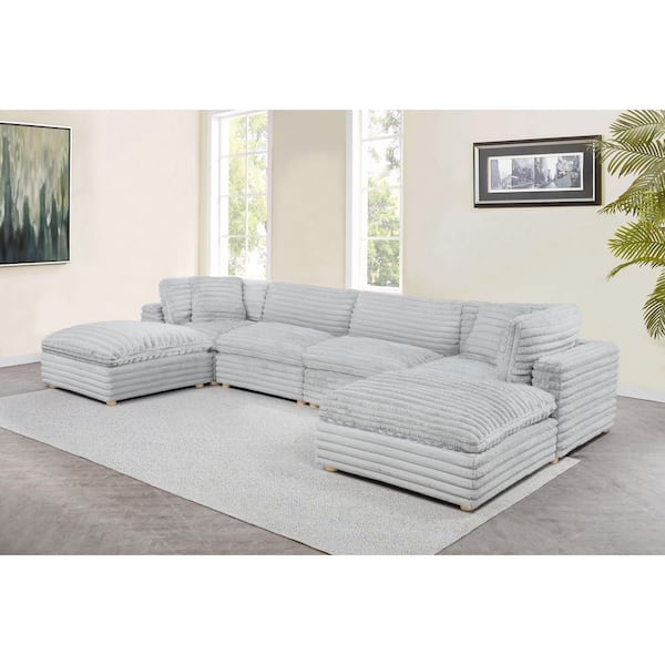 Adri 80 in W. Straight Arm 6-Piece Corduroy Fabric Modular Sectional Sofa in. Light Grey Color