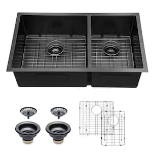 Gunmetal Black Stainless Steel 33 in. Double-Bowl Undermount Kitchen Sink with Bottom Grid