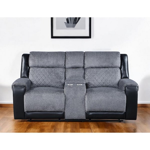 HomeRoots 75.75 in. Gray, Black Solid Faux Leather 2-Seater Loveseat with Nailhead Trim;Storage