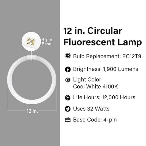 4100K Cool White Light 4-Pin Base Sunlite FC12T9/CW Fluorescent 32W T9 Circline Ceiling Lights 