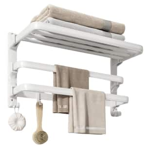 2-Towel Wall Mounted Bar Foldable Towel Organizer with 7 Hooks in Matte White