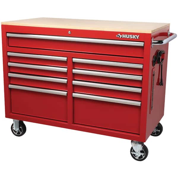 Husky 46 in. W x 24.5 in. D Standard Duty 9-Drawer Mobile Workbench Tool Chest with Solid Wood Top in Gloss Red