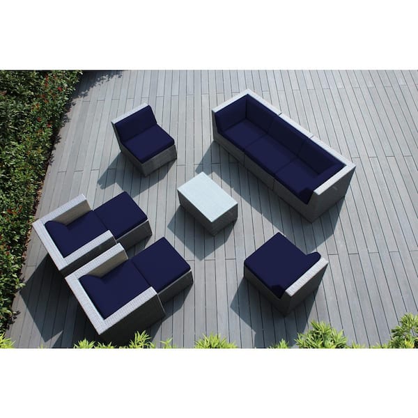 Ohana Depot Gray 10-Piece Wicker Patio Seating Set with Sunbrella Navy Cushions
