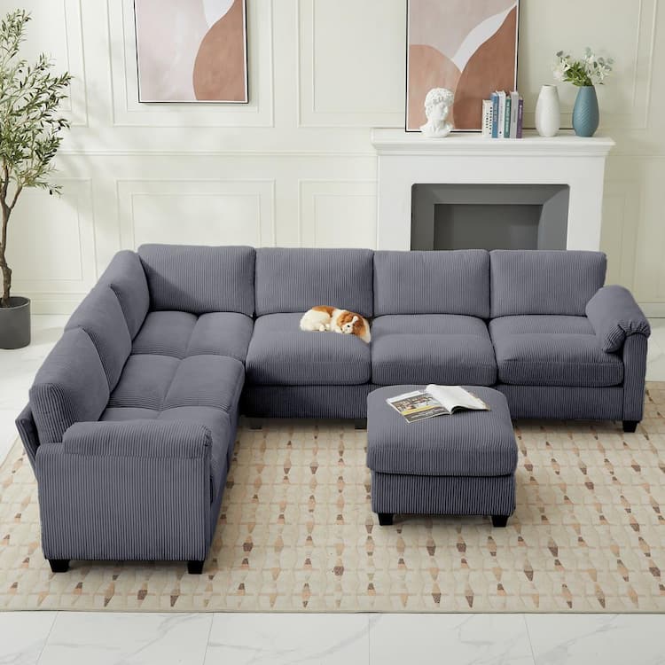JEAREY 115 in. Corduroy Modular L-Shaped Dark Grey 7-Seat Sectional Sofa for Living Room and Spacious Space