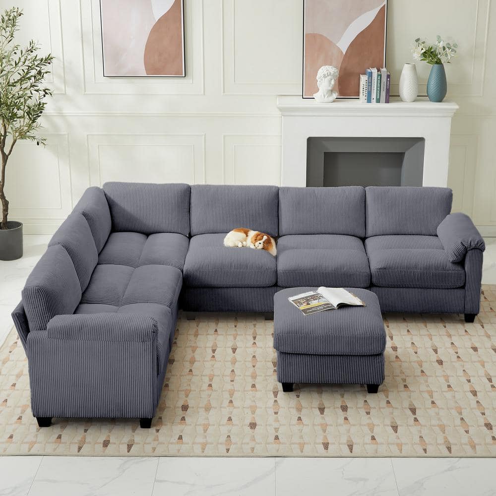115 in. Corduroy Modular L-Shaped Dark Grey 7-Seat Sectional Sofa for Living Room and Spacious Space price history on PriceWatchPro