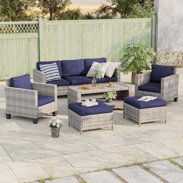 Sonkuki 6-Piece Patio Sofa Set Gray Wicker Outdoor Furniture Set with Coffee Table, Navy Blue