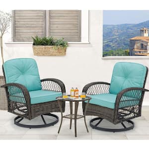3-Piece Wicker Outdoor Bistro Set with Blue Cushions, 360-Degree Swivel Patio Rocking Chairs