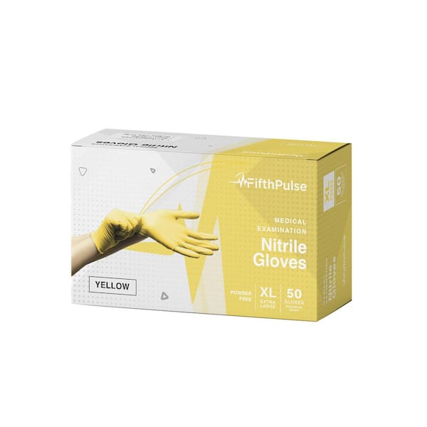 FifthPulse Extra Large Nitrile Exam Latex Free and Powder Free Gloves in Yellow - Box of 50