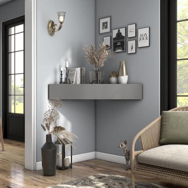 Furniture of America Emmeline 47 in. Gray Particle Board Corner Floating TV Stand Fits TVs Up to 45 in. With Hidden Door