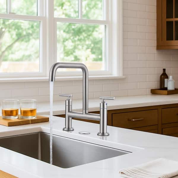 Double Handle Bridge Faucet with Kitchen Sink Hole Cover in Brushed Nickel
