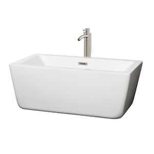 Laura 58.75 in. Acrylic Flatbottom Center Drain Soaking Tub in White with Floor Mounted Faucet in Brushed Nickel