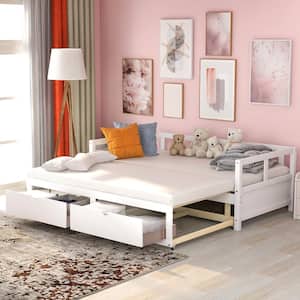 Extendable Twin White Daybed with Trundle Wood Daybed with Pull Out Trundle and 2-Drawers Twin to King Daybed Frame
