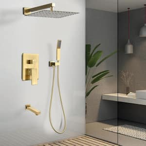 Single Handle 1-Spray Square Tub and Shower Head Faucet with Wall Combo Kit in Brushed Gold (Valve Included)
