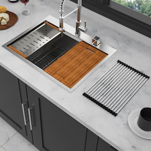 28 in. Drop-in Single Bowl 16 Gauge Brushed Nickel Stainless Steel Kitchen Sink with Workstation
