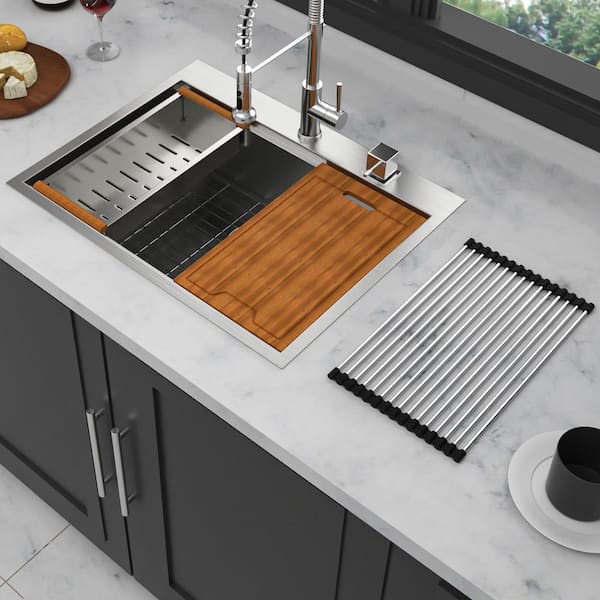28 in. Drop-in Single Bowl 16 Gauge Brushed Nickel Stainless Steel Kitchen Sink with Workstation
