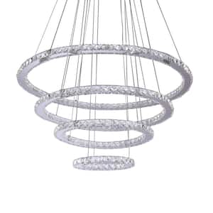 4 Rings 122-Watt Integrated LED Chrome Wagon Wheel Chandelier with Clear K9 Crystals White