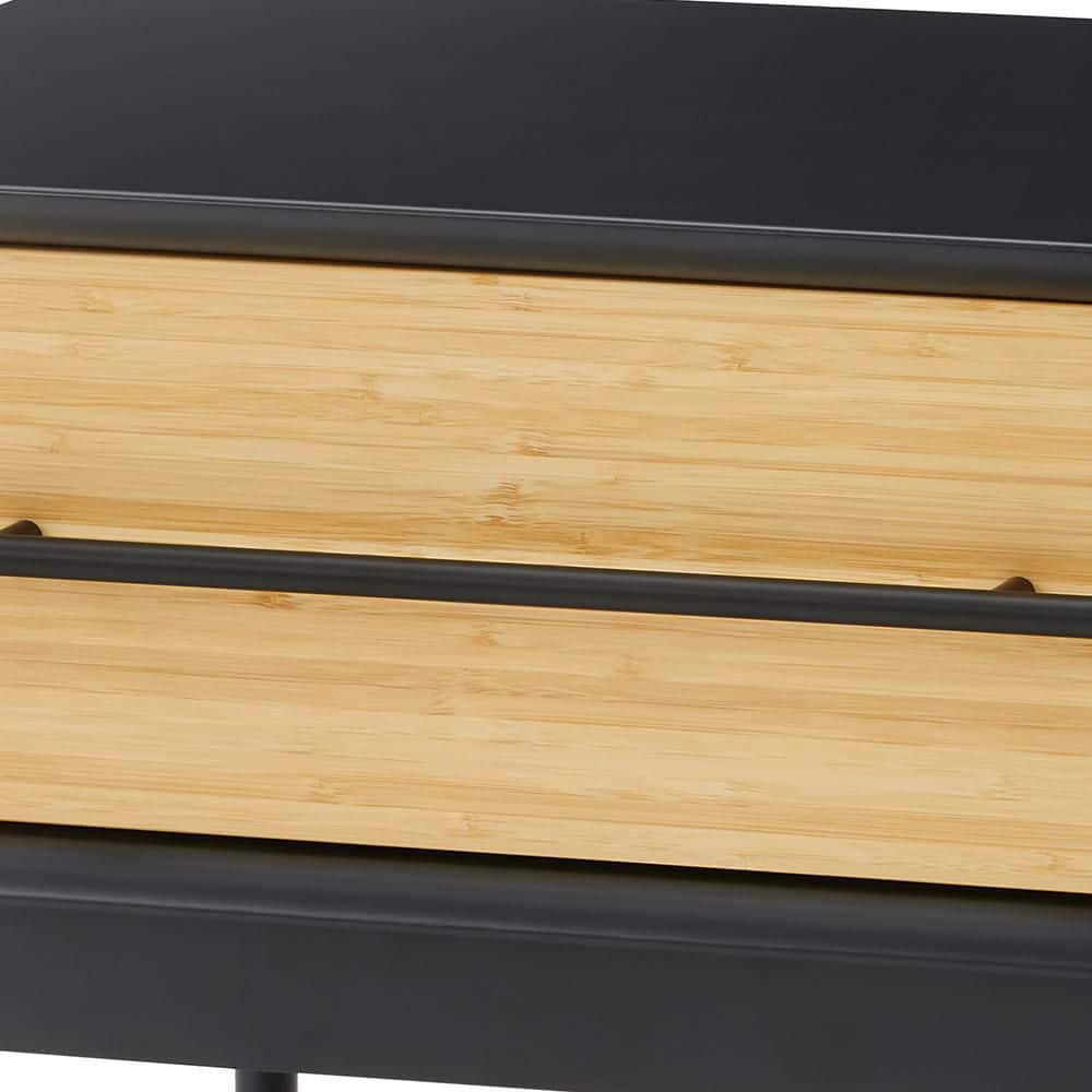 Black and Natural Bamboo 1-Drawer Nightstand with Metal Handle