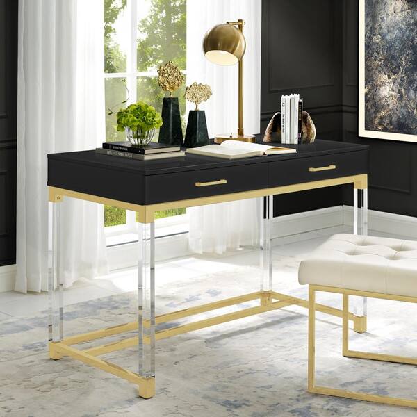 Inspired Home Caspian Black/Gold Writing Desk With High Gloss Finish  Dk159-09Bk-Hd - The Home Depot