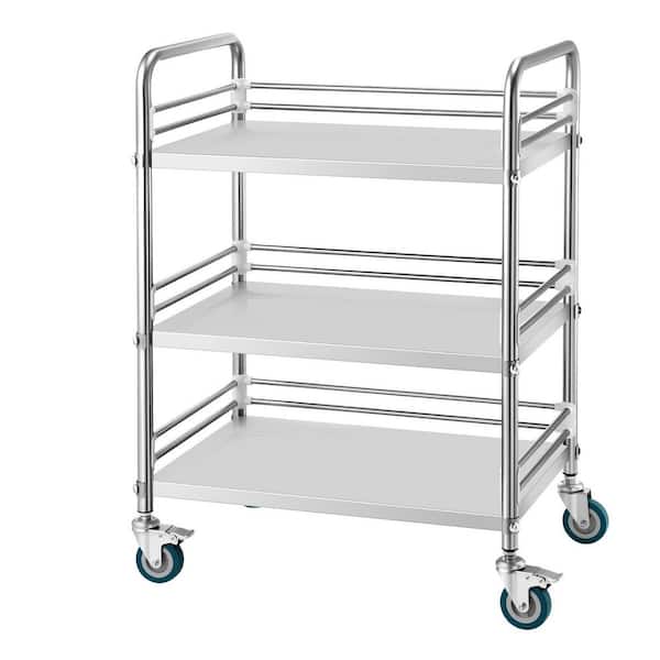Stainless Steel Cart, Medical Serving Trolley Clinic Tray, Kitchen Cart, 3-Tier Rolling Lab Utility Cart with Wheels