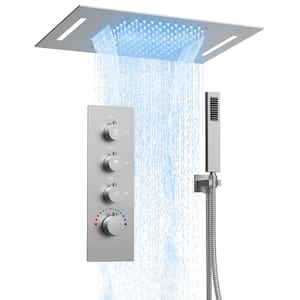 23 in. L x 15 in. W 7-Spray Patterns LED Waterfall Dual Ceiling Mount and Handheld Shower Head in Brushed Nickel