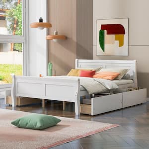White Wood Frame Queen Size Platform Bed with 4 Storage Drawers on Each Side and Additional Slats Support Legs
