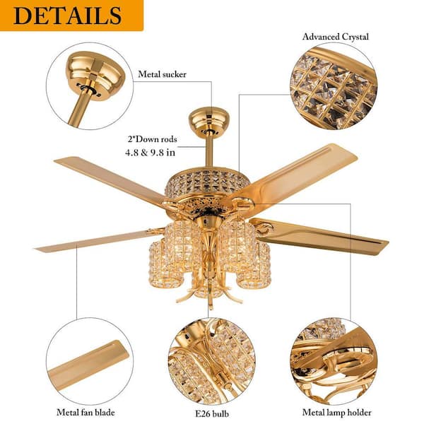 OUKANING 52 in. Indoor Gold Luxury Crystal 3-Speed Ceiling Fan
