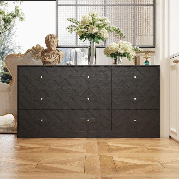 FUFU&GAGA Black Embossed 9-Drawer 63 in. Dresser with Gold Button Pulls, Artistic Storage Cabinet for Bedroom or Living Room