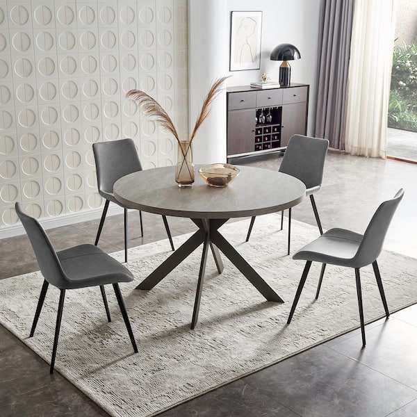 GOJANE 5-Piece Grey Chairs and Round Gray Dining Table, Dining Table Set with Matching 4-PU Chairs for Dining Room
