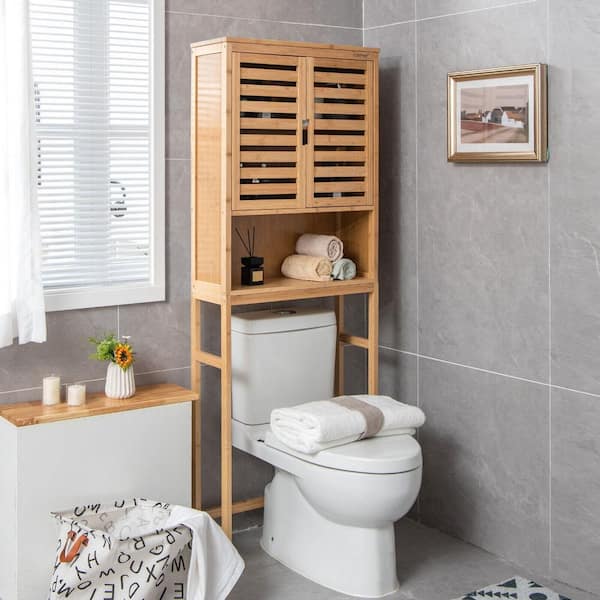 24.5 in. W x 9 in. D x 67 in. H Brown Bamboo Bathroom Over-the-Toilet Cabinet with Adjustable Shelf and Louvered Doors