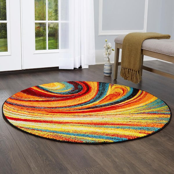 Splash Red/Blue 6 ft. Abstract Round Area Rug