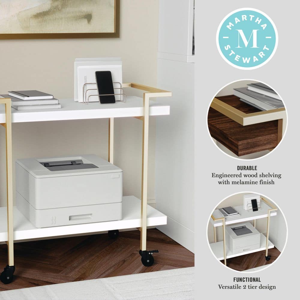 White and Brass 2-Tier Mobile Office Printer Cart