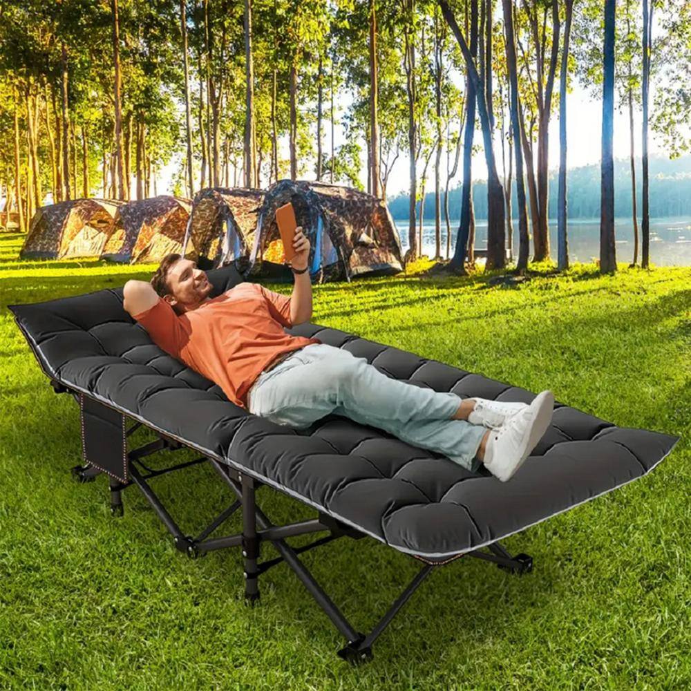 75 in. Black Aluminum Folding Camping Cot with Sponge Cushion