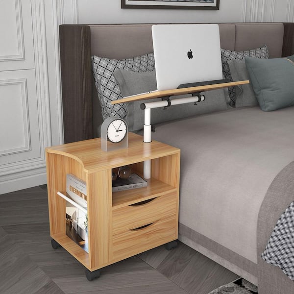 Unbranded 2-Drawer Oak Nightstand with Swivel Top Wheels and Open Shelf 33.31 in. H x 23.62 in. W x 15.75 in. D