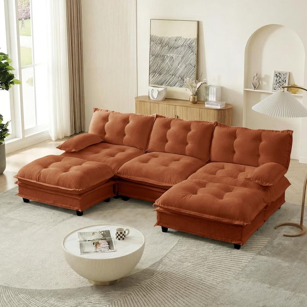 Kyla Modern 107.8 in. Pillow Top Arms Chenille Upholstered U-Shaped Sectional Sofa in Orange with 2 Ottomans